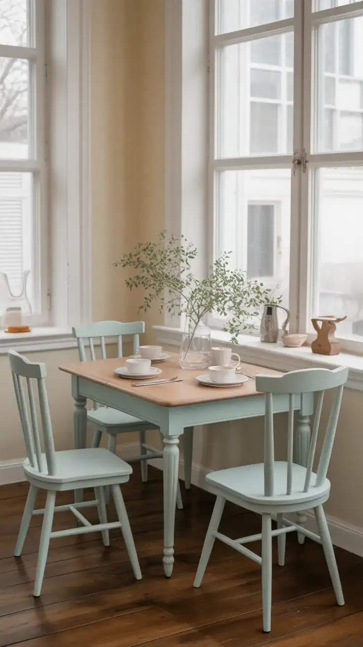 vintage breakfast nook with pastel mint painted chairs and natural wood tabletop with simple white crockery