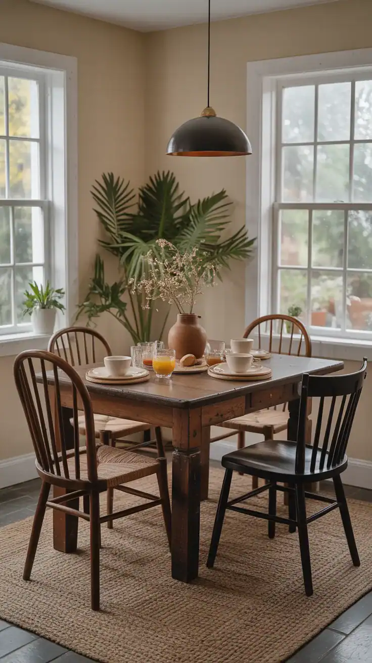 rustic breakfast nook with solid farmhouse table and curated mismatched vintage chairs in warm earthy tones