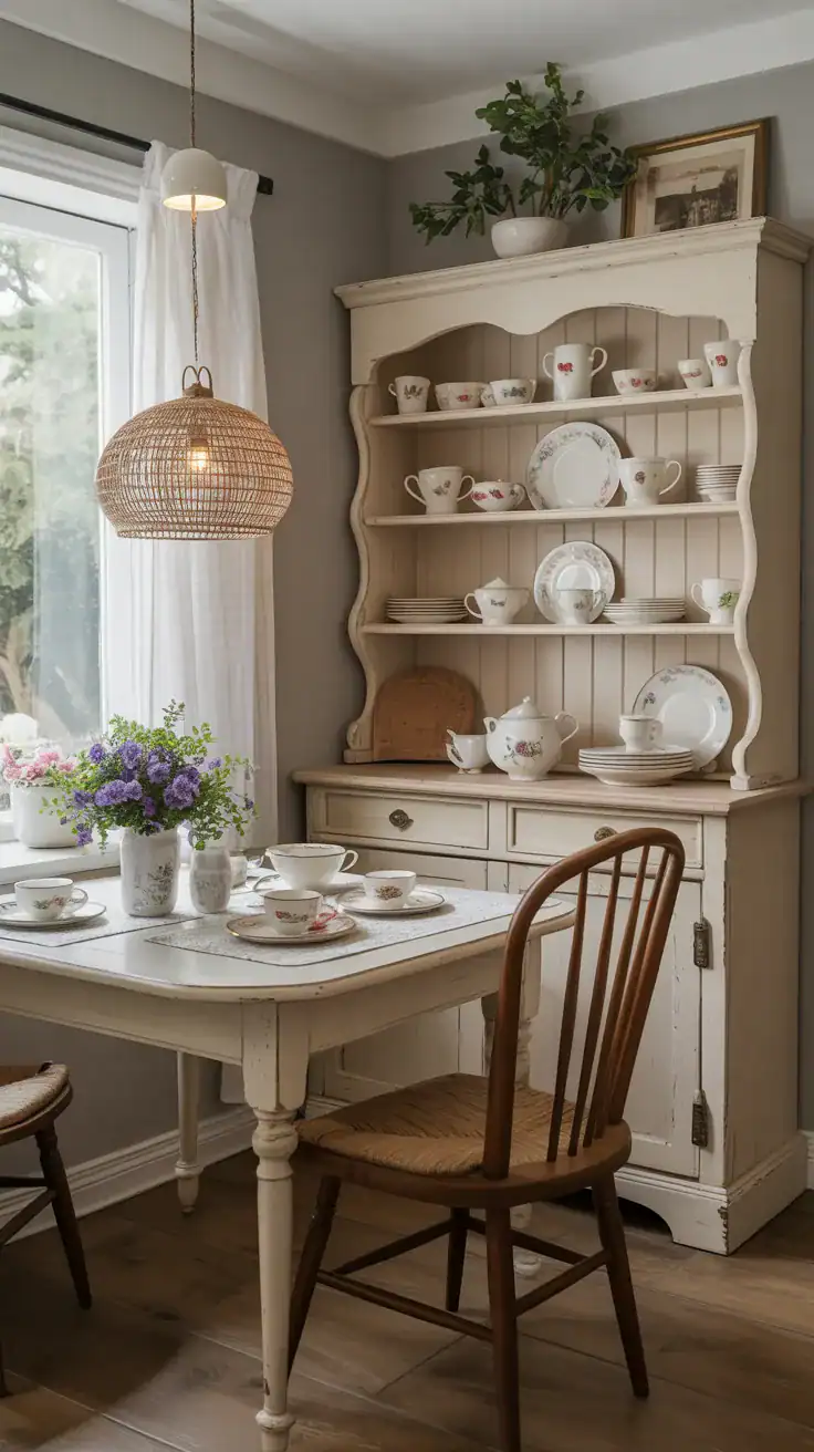 charming breakfast nook with slim antique cream-colored hutch displaying everyday vintage dishes and teacups