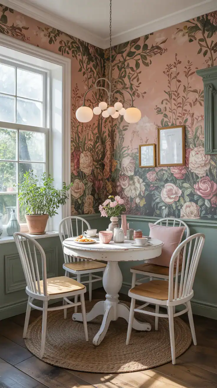 storybook breakfast nook with delicate floral vintage wallpaper in faded blush and sage tones