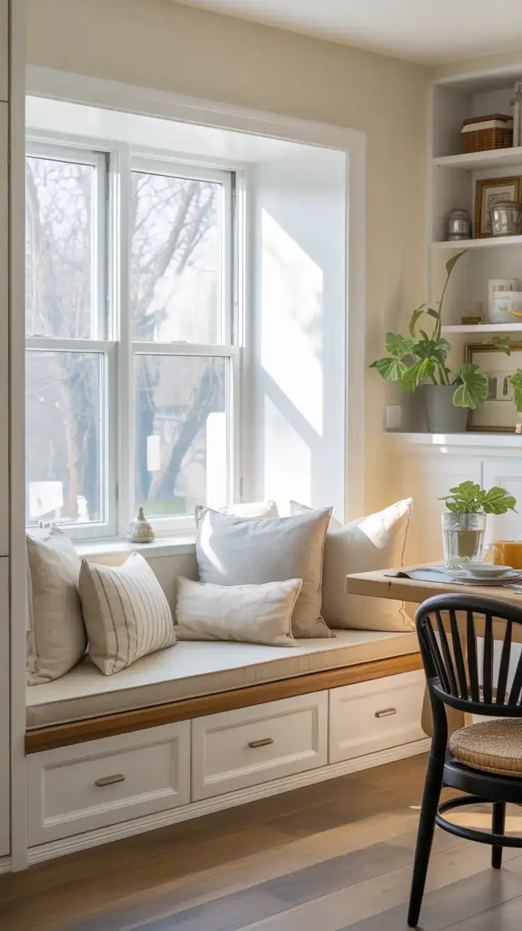 built-in window seat breakfast nook with under-seat storage drawers and layered linen cushions