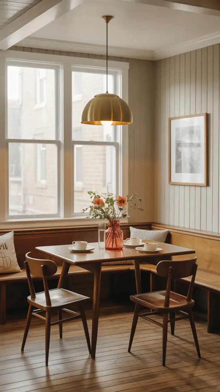 vintage breakfast nook with warm brushed brass dome pendant light centered above wooden table