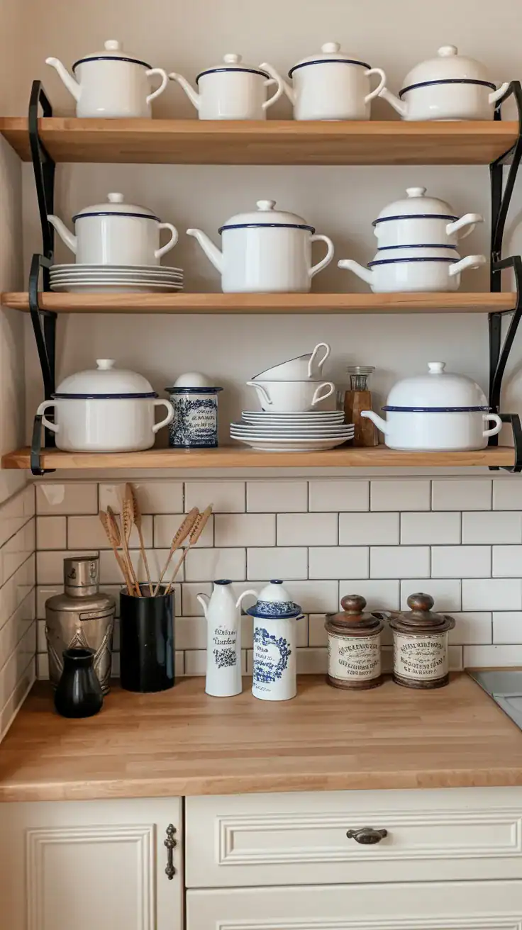 functional breakfast nook with open wooden shelves displaying white enamelware with navy trim and vintage sugar bowls
