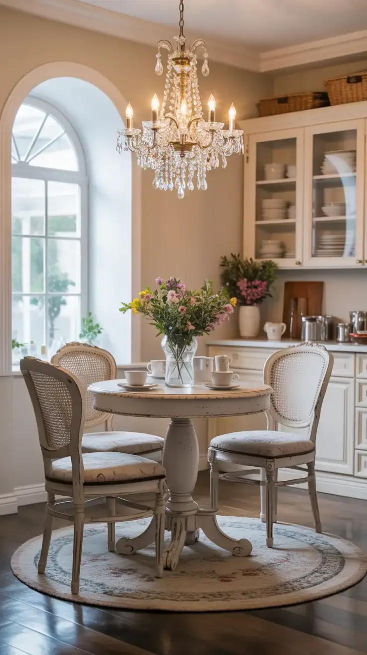 elegant breakfast nook with petite crystal chandelier hanging above simple vintage table and chairs