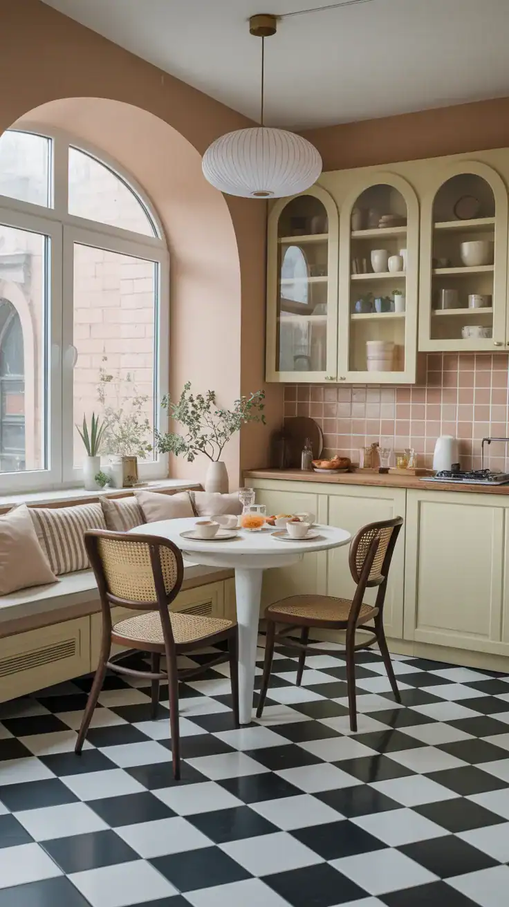 retro breakfast nook with classic black and white checkerboard floor tiles and soft neutral decor