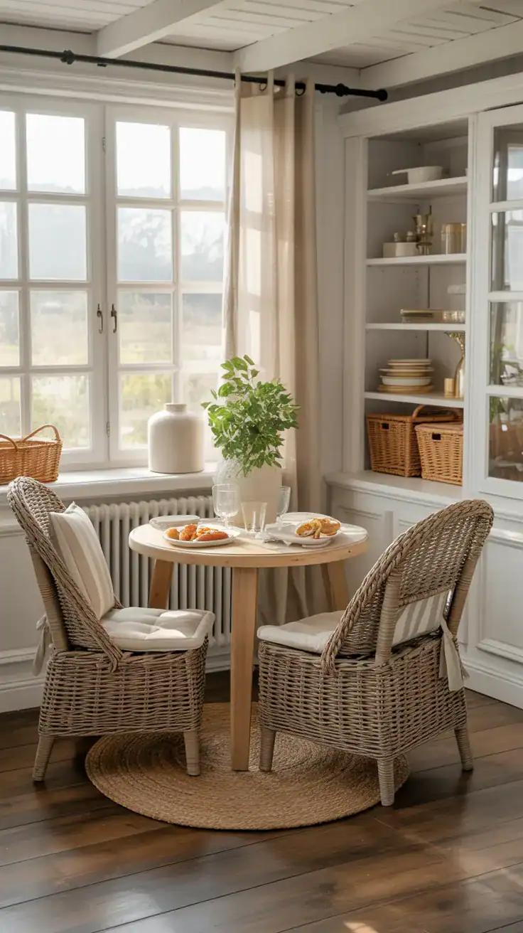 countryside breakfast nook with natural wicker chairs, linen cushions, and woven storage baskets