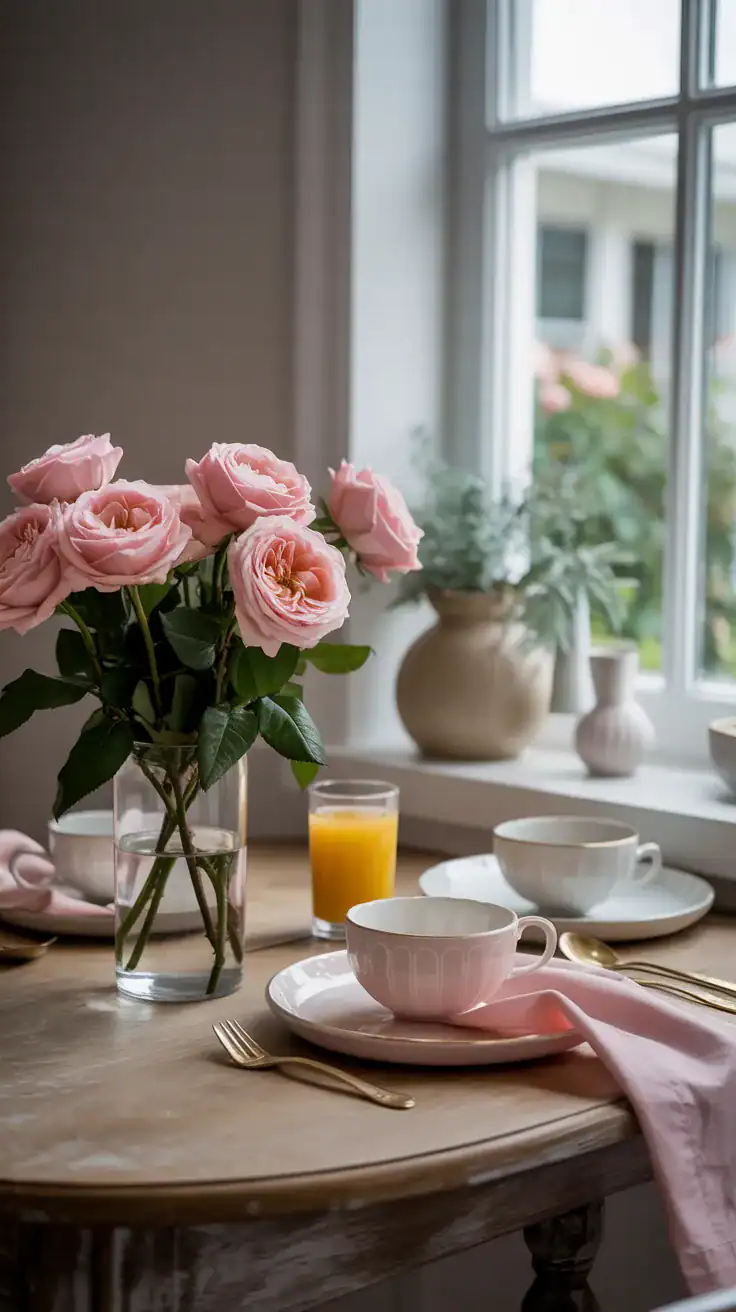styled breakfast nook with loose garden roses in simple vase and vintage crockery with cloth napkins
