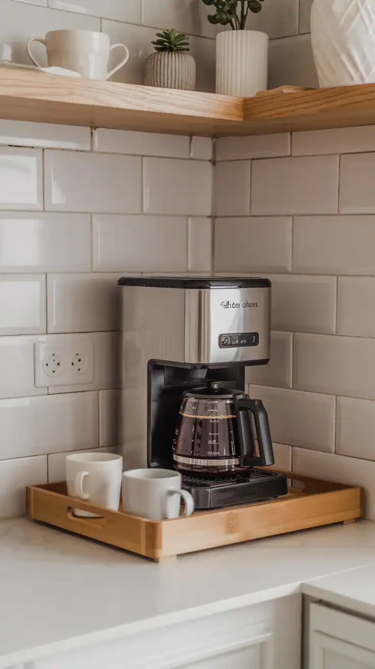 minimalist corner coffee area on counter ideas with single tray and coffee maker in white kitchen