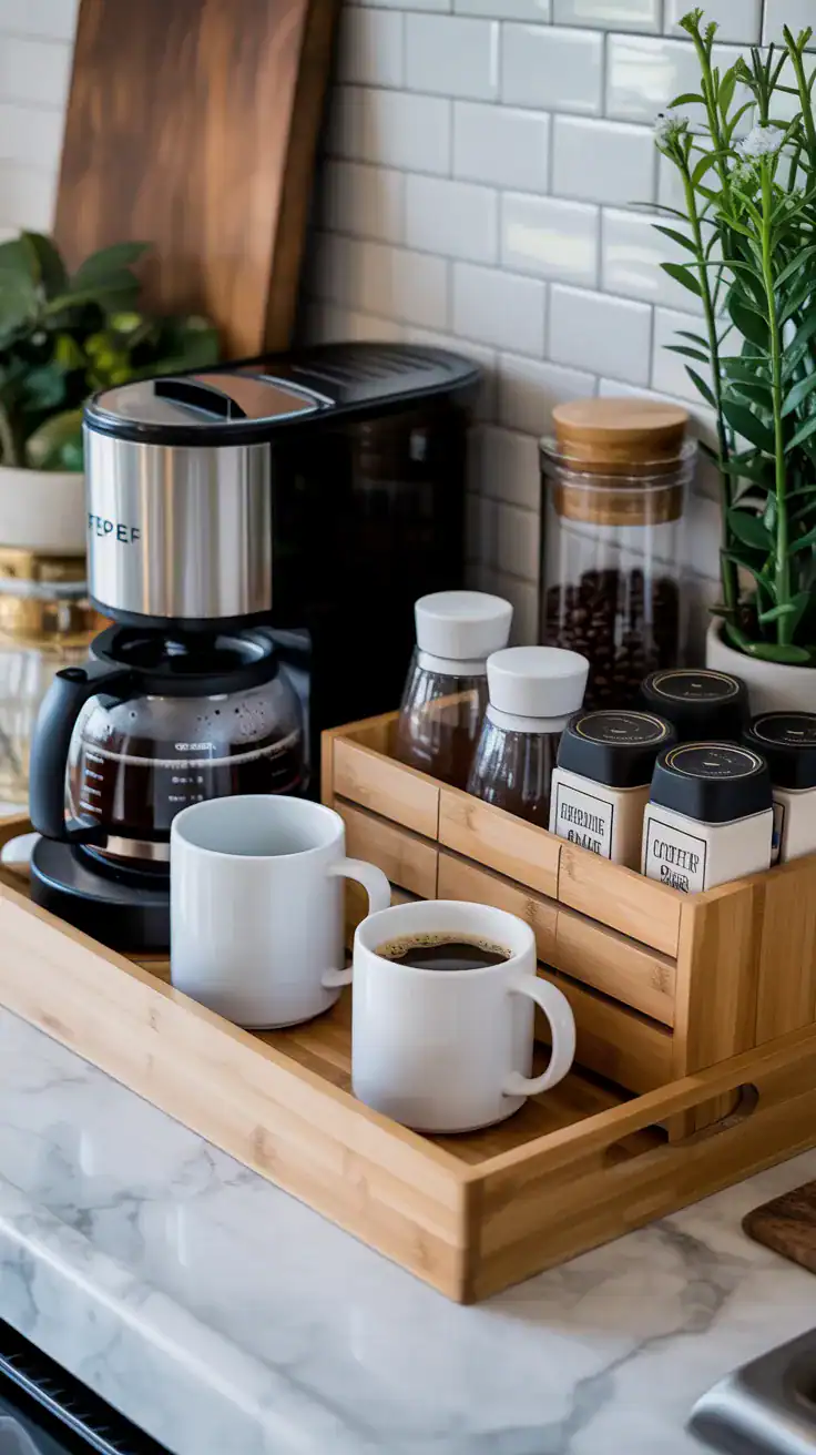 wooden tray coffee station on counter with coffee maker and organized supplies