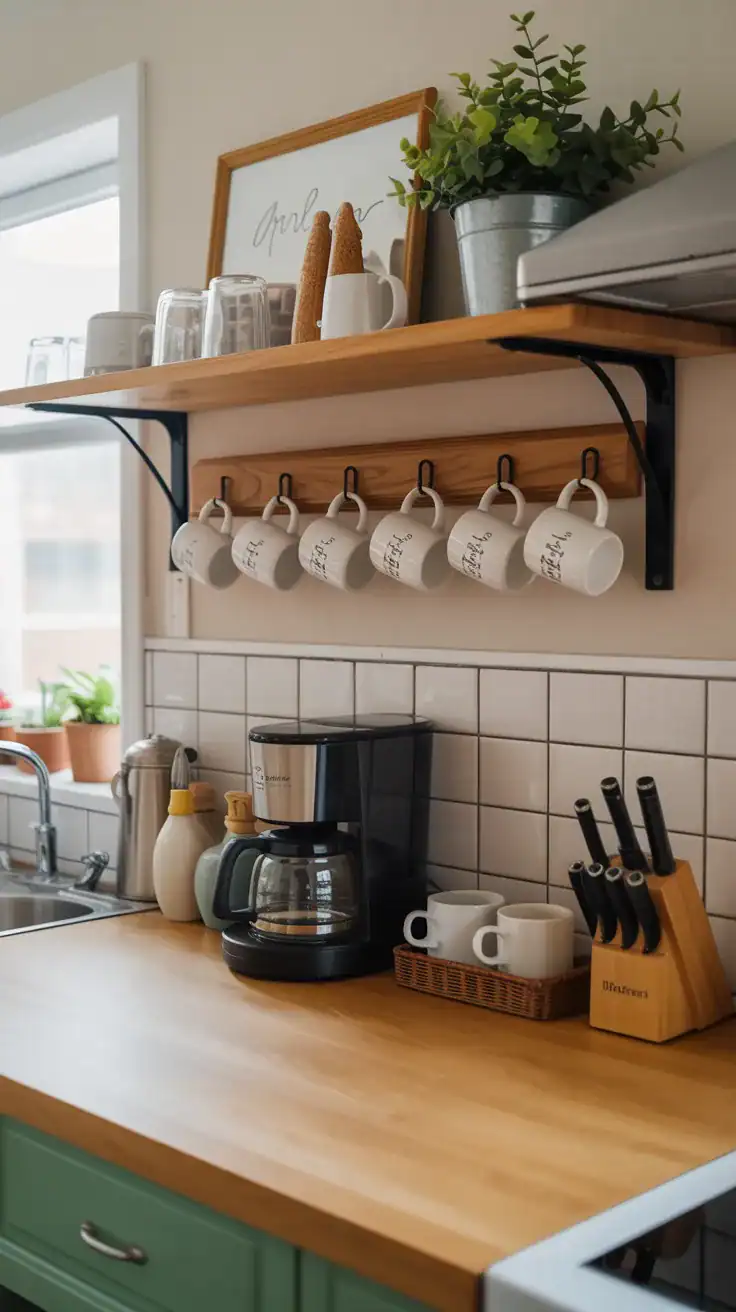wall mounted mug rack above coffee area on counter in small kitchen