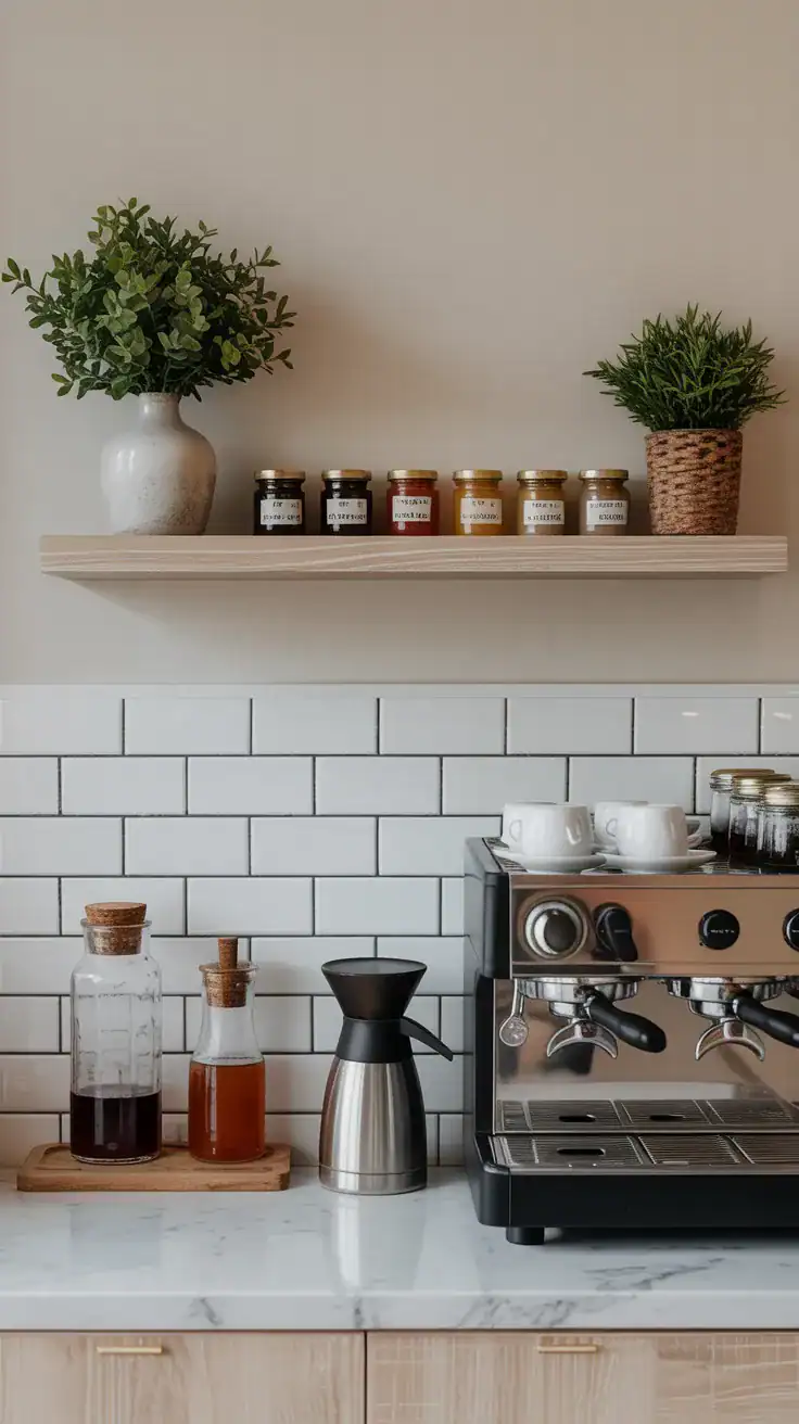 narrow floating shelf above coffee station with syrups and small jars