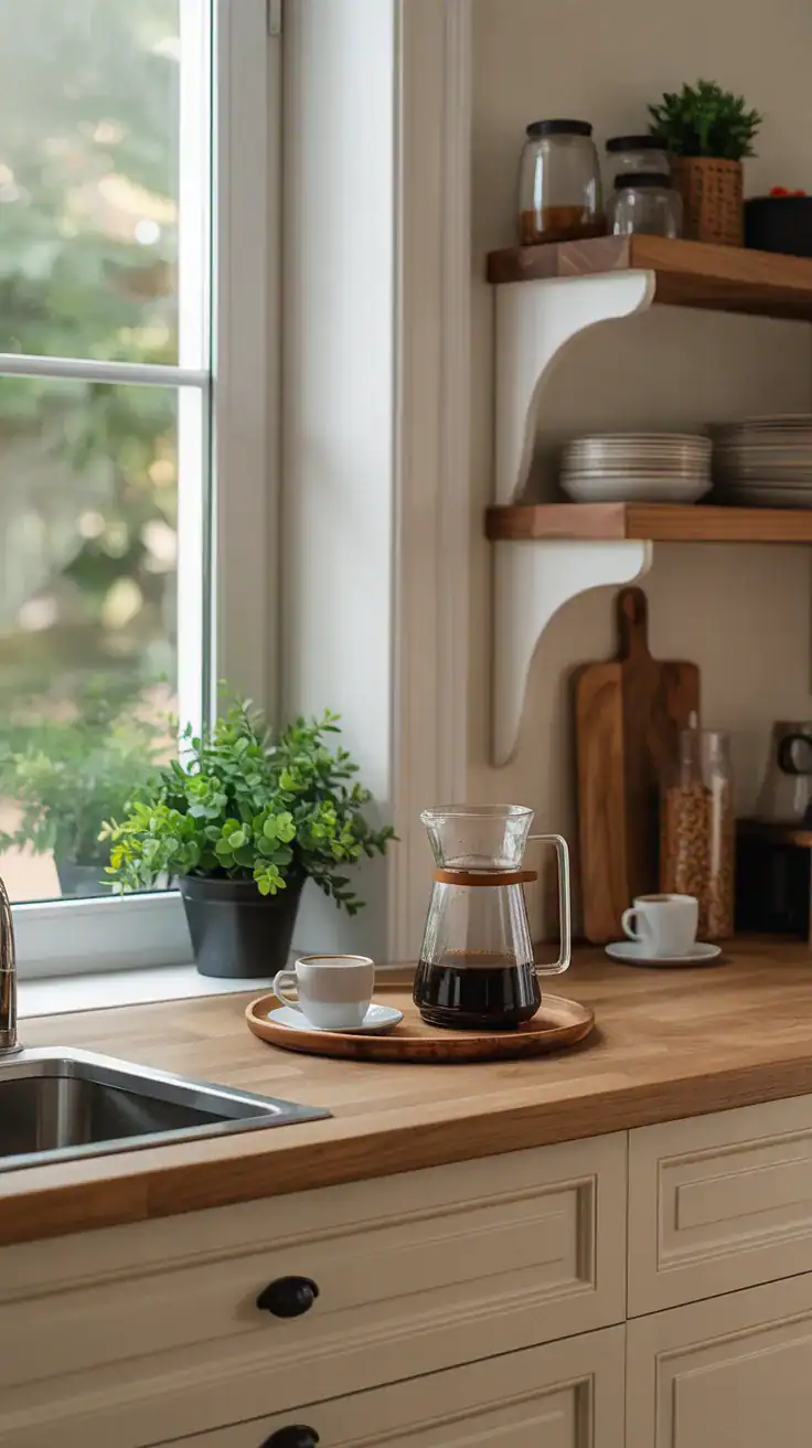 coffee area on counter positioned in front of kitchen window with natural light