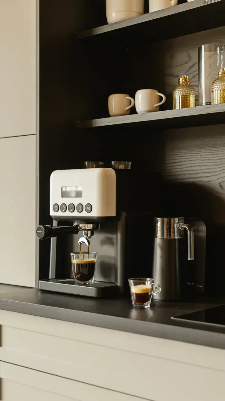 sleek black and white coffee station with matte finishes