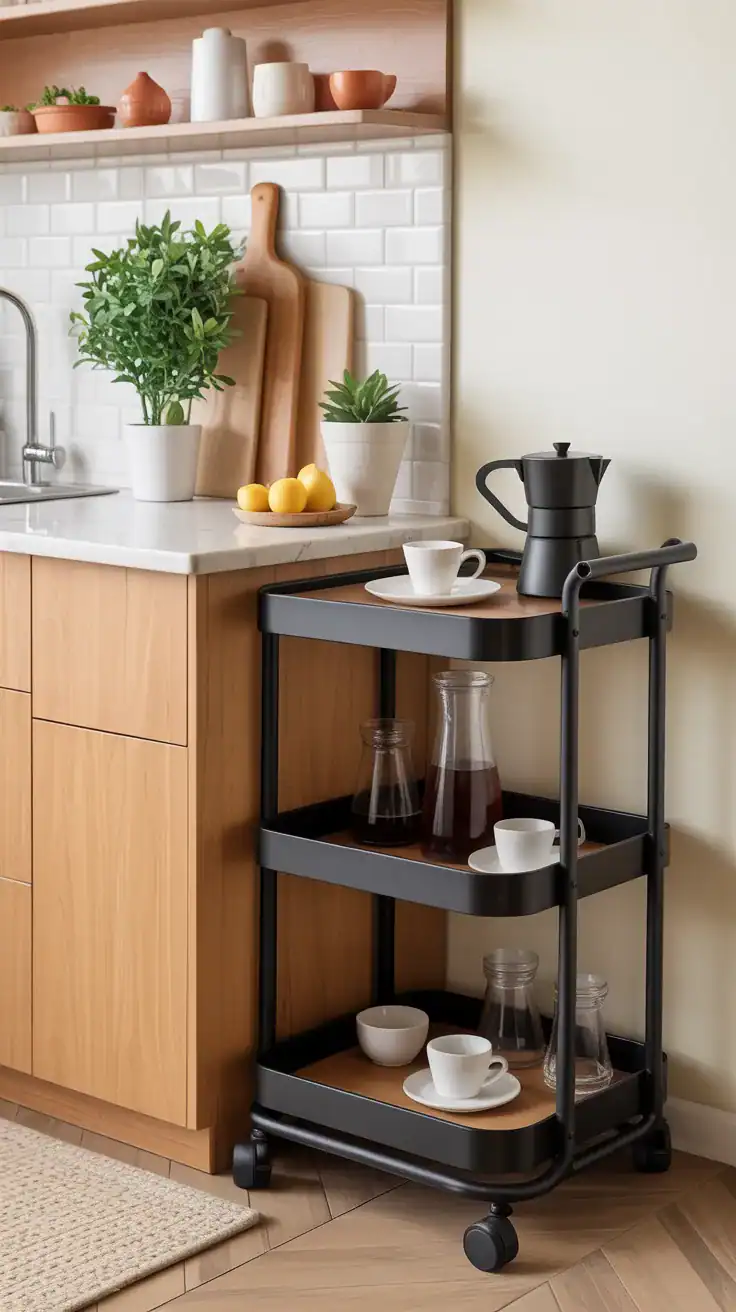 slim rolling cart beside counter extending coffee area space