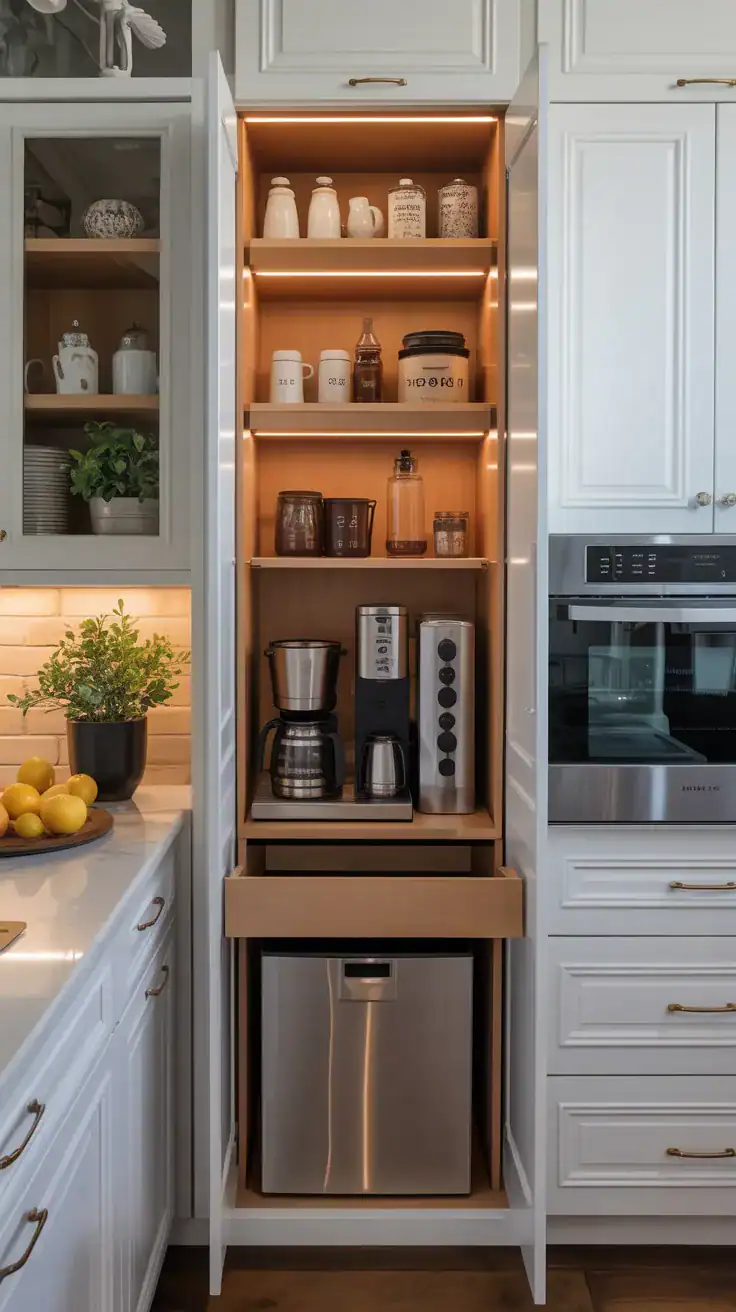hidden coffee station inside appliance garage with pull-out shelf