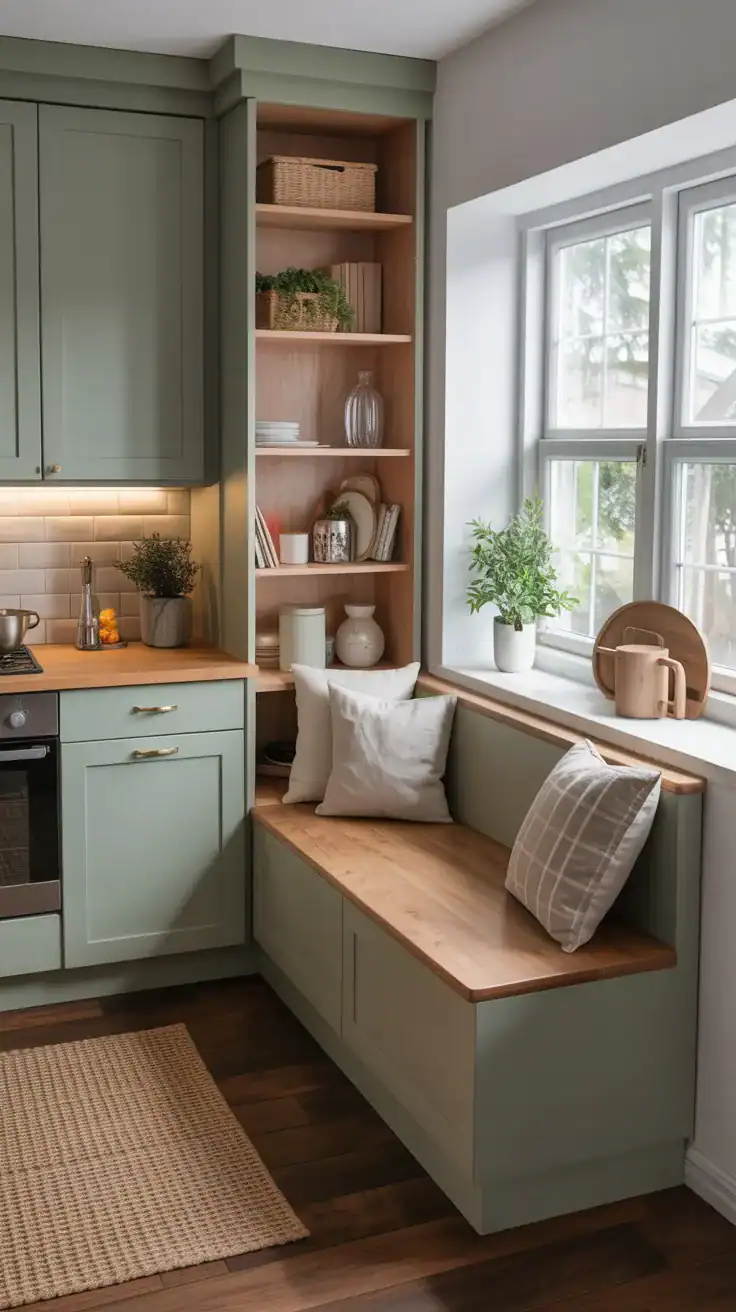 Breakfast nook window bench with lift-up storage, soft-close hinges, organized interior storage visible, small kitchen setting