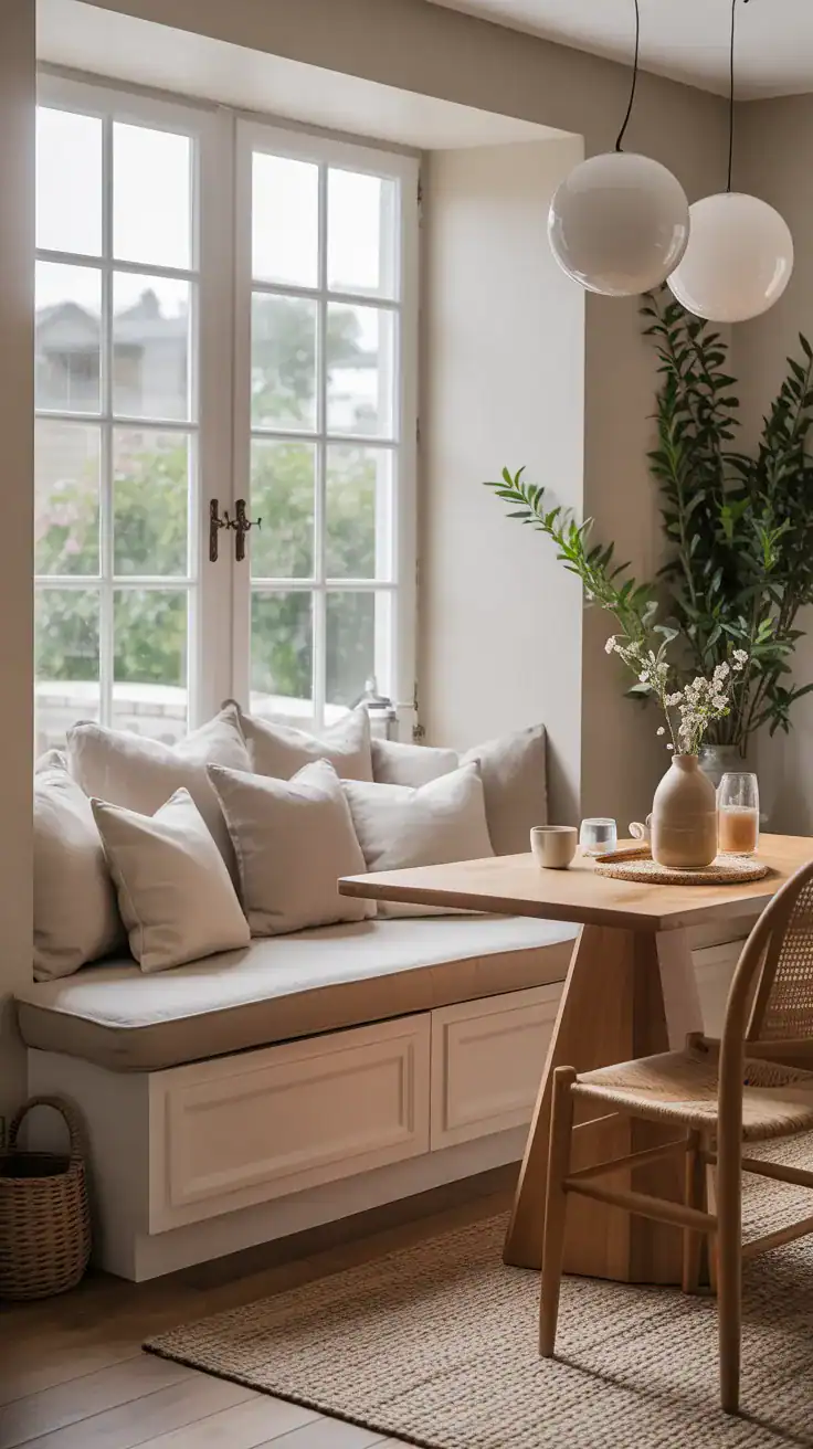 Window bench breakfast nook with oversized natural linen cushion and loose throw pillows in neutral tones, relaxed and airy feel