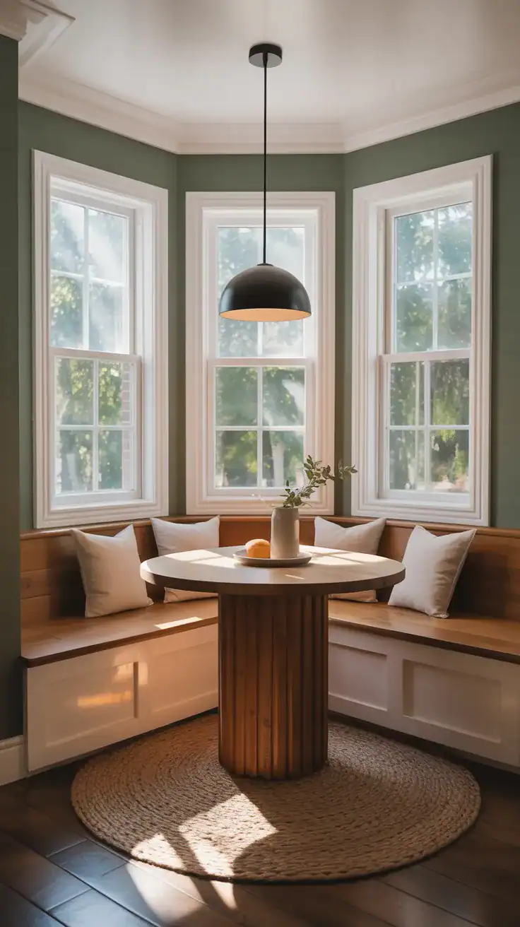 Wraparound corner breakfast nook bench along two walls beneath windows, seamless corner join, intimate family seating area