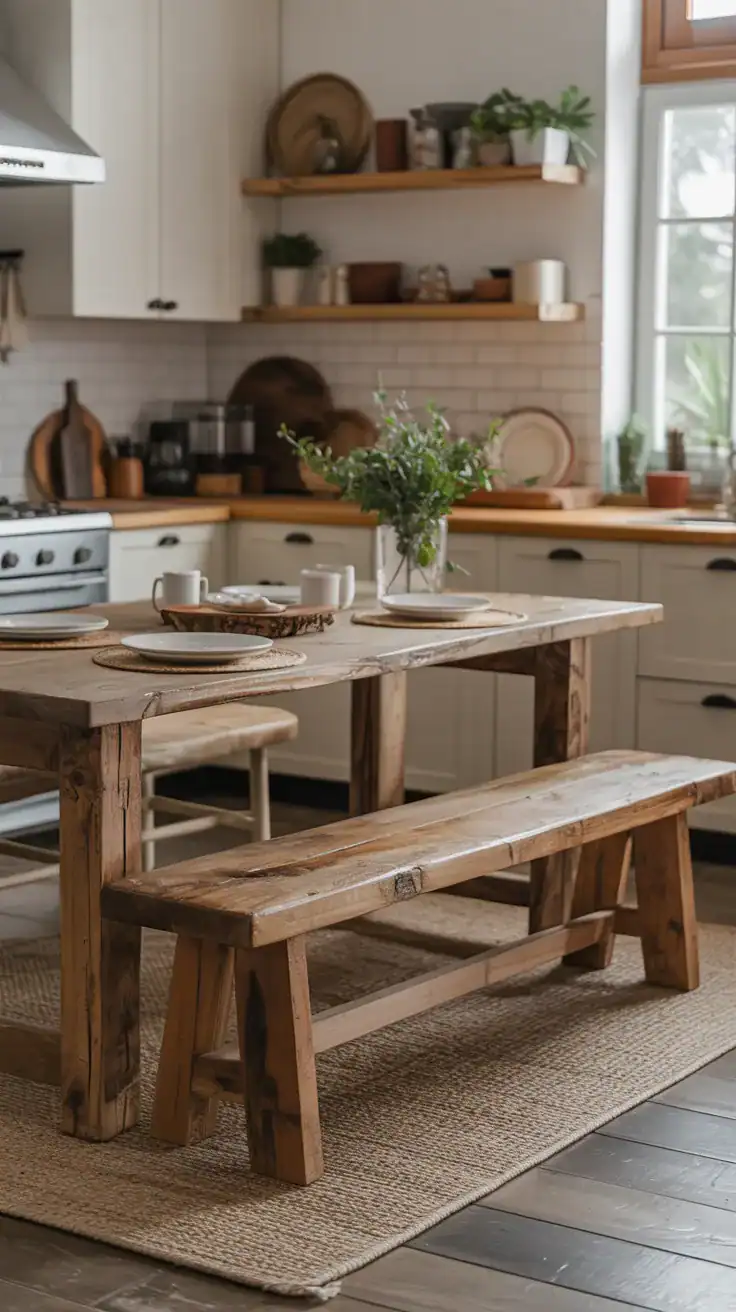 Rustic natural wood breakfast nook bench with visible grain, woven rug underneath, warm and grounded kitchen atmosphere
