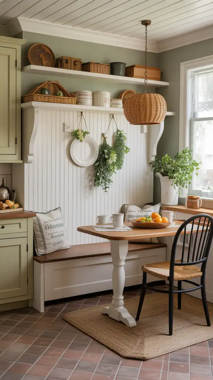 Cottage-style breakfast nook bench with white beadboard backing behind seating, vintage charm, traditional kitchen setting