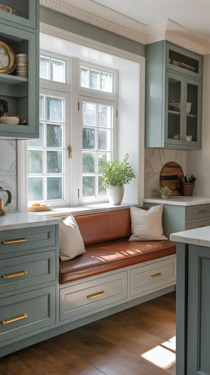 Built-in breakfast nook bench with smooth drawers underneath, brass pulls, structured and tidy kitchen design