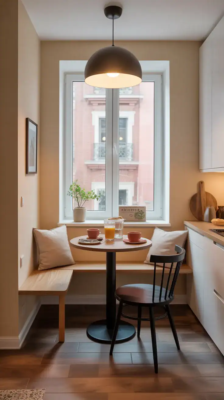 Compact apartment breakfast nook with slim narrow bench under small window, narrow round table, efficient and charming small space design
