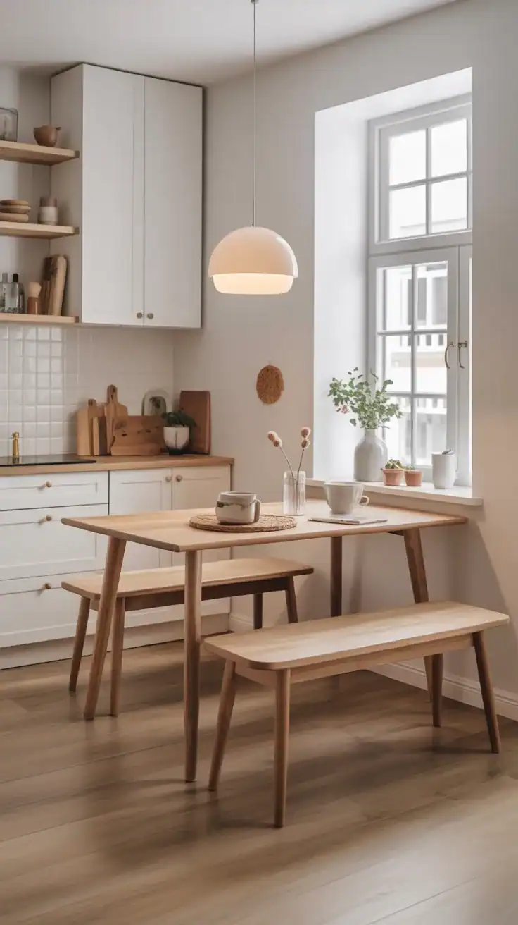 Scandinavian-style breakfast nook bench in pale oak wood with slim legs, clean natural design, minimal bright kitchen