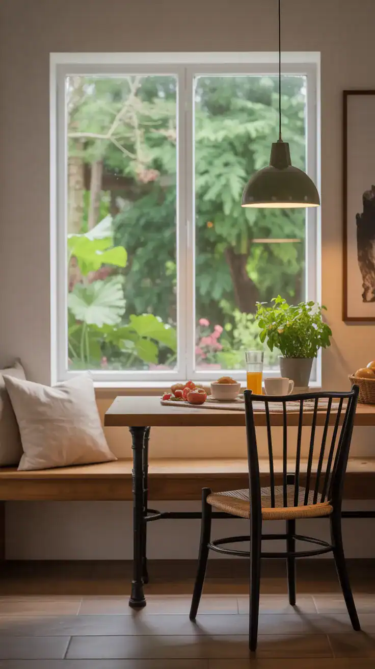 Breakfast nook bench facing garden view through window, minimal styling, small herb plant nearby, peaceful organic atmosphere