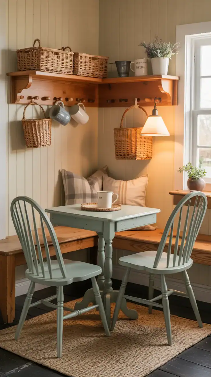 Photorealistic cozy corner medium shot: Shaker peg rail with shelf running above a built-in bench; buttercream-painted walls; sanded pine bench; petite drop-leaf table; two painted Windsor chairs in gentle sage; baskets and mugs hanging from pegs; warm farmhouse morning light, charming and practical.