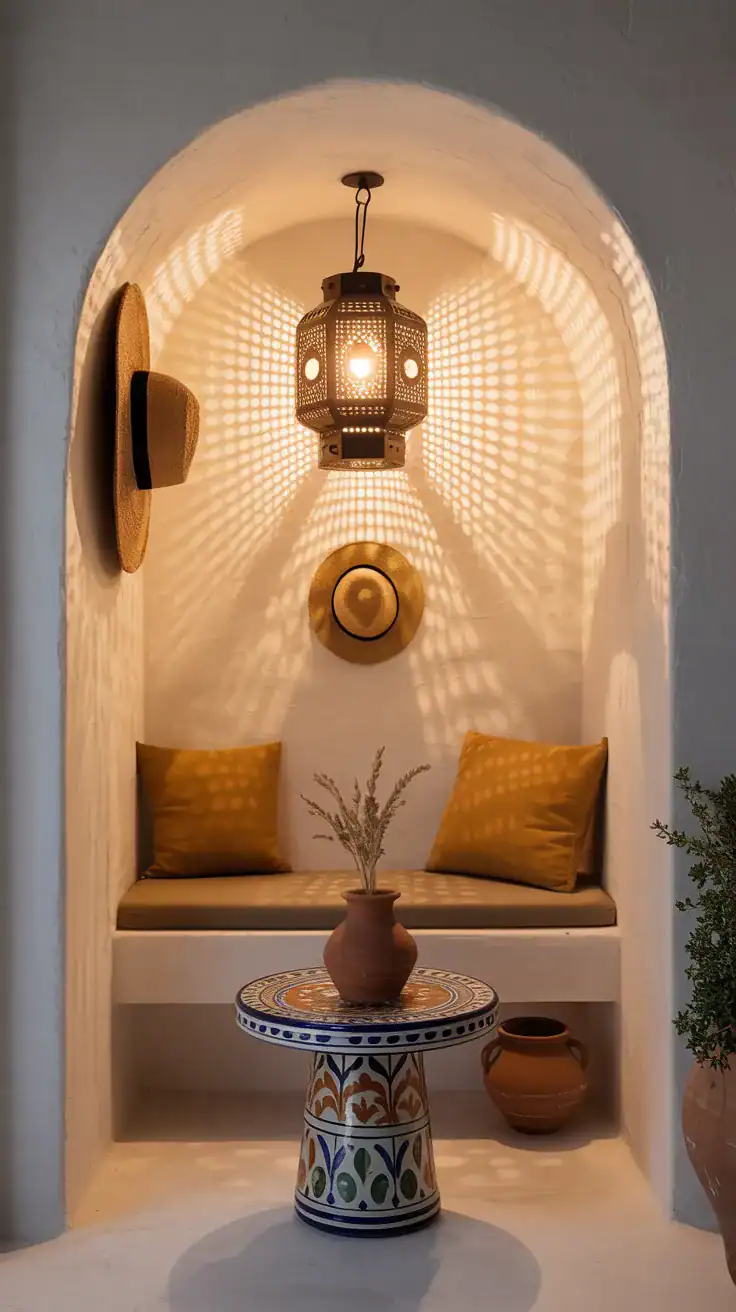 Photorealistic alcove medium shot: whitewashed narrow alcove; tadelakt-style plaster bench floating with a low ochre cushion; petite hand-painted ceramic pedestal table with Mediterranean pattern; terracotta pots, straw hat on a hook; punched-tin Moroccan lantern casting patterned light; sunbaked palette of saffron, chalk white, olive green.