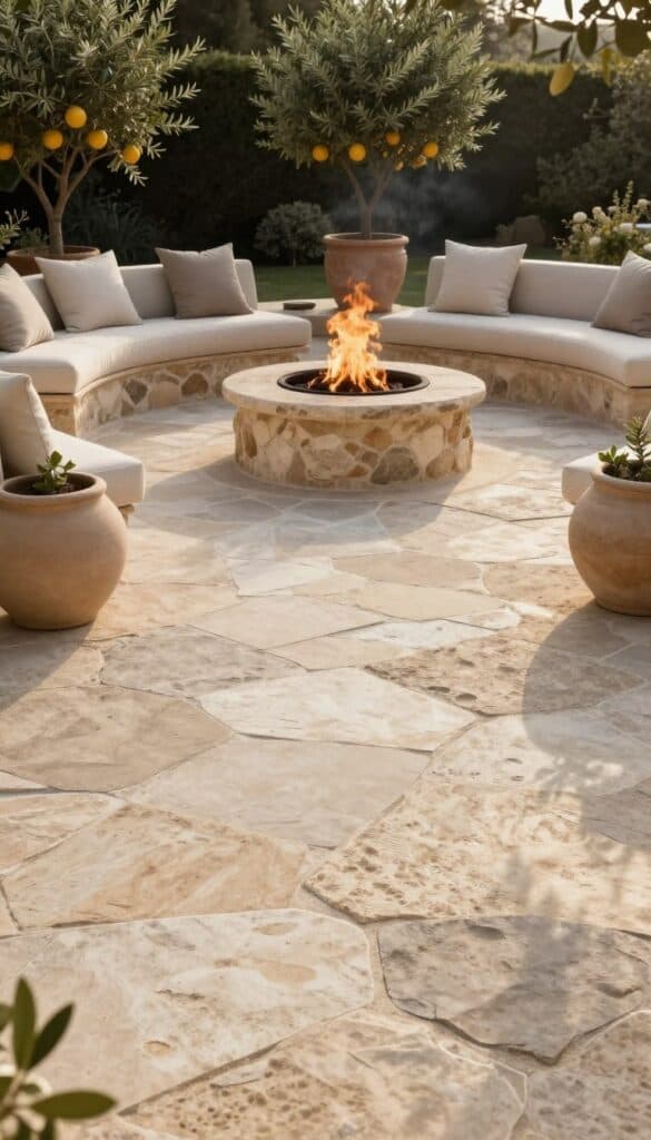 Irregular flagstone patio with neutral furniture and central fire ring