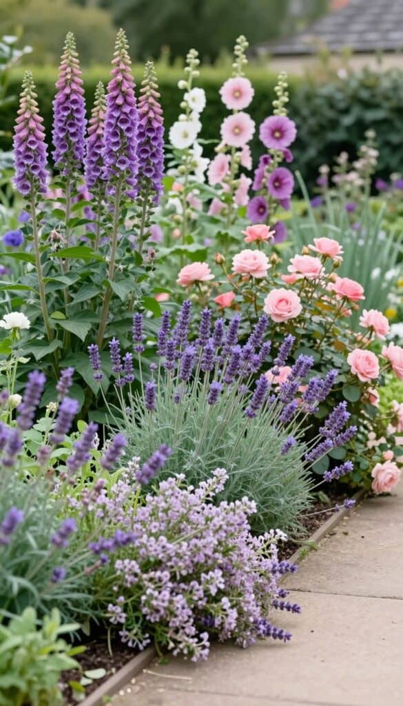 Layered cottage garden border with foxgloves, roses, and lavender spilling onto stone path