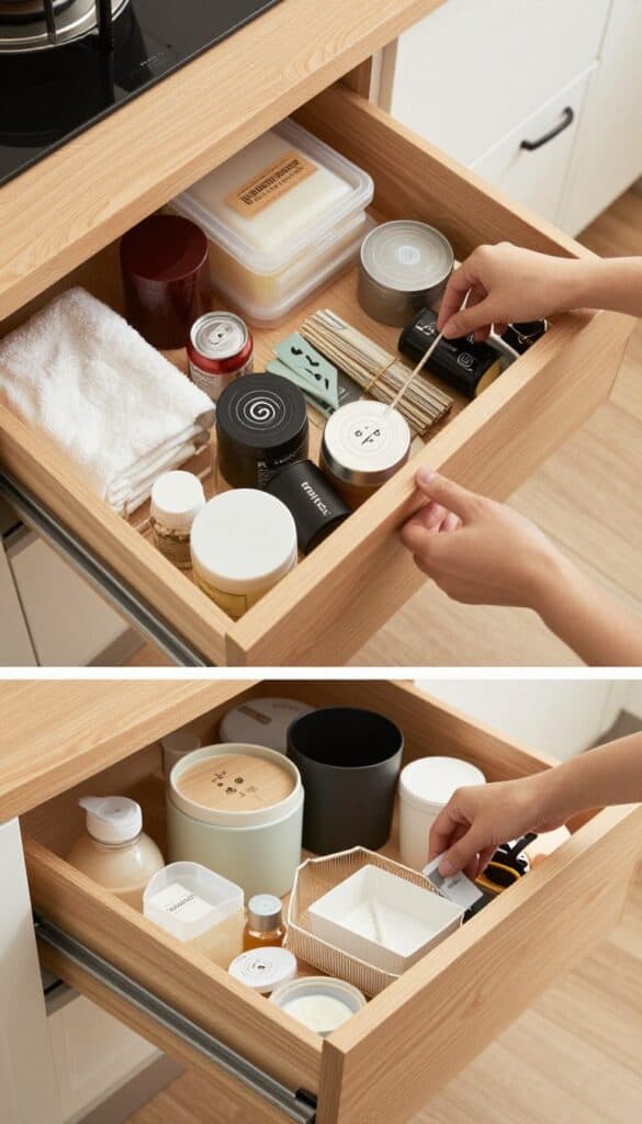 Organized drawer with minimal items showing decluttering as cleaning self-care practice Organized drawer with minimal items showing decluttering as cleaning self-care practice