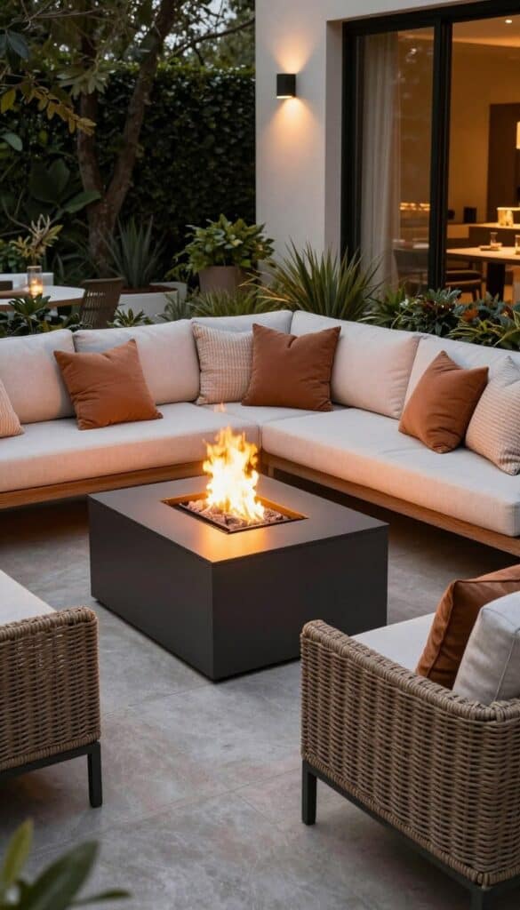 Outdoor living room arrangement with sectional sofa and accent chairs around fire feature