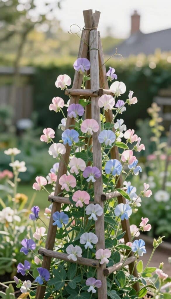 Pastel sweet pea flowers climbing wooden obelisk in English cottage garden showing delicate trailing vines