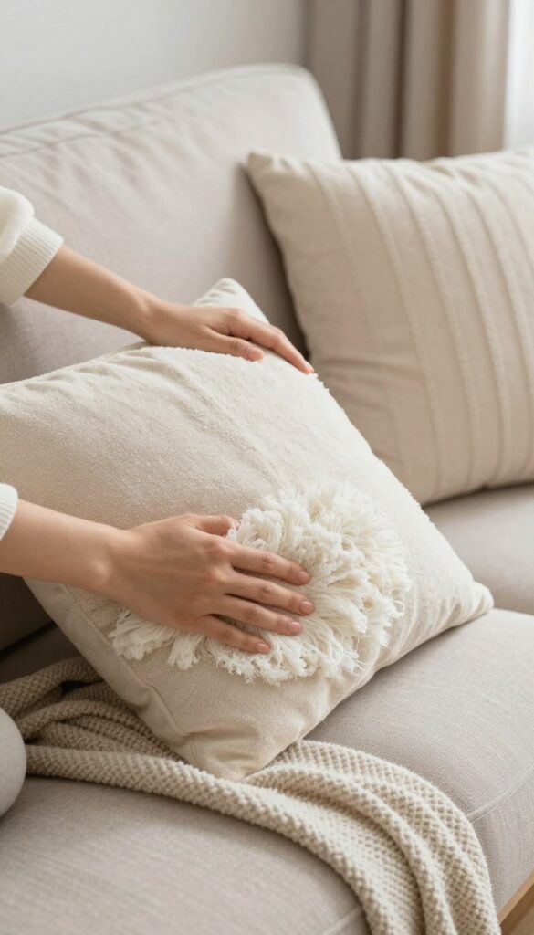 Person fluffing cushions and refreshing throw blankets as cleaning self-care activity Person fluffing cushions and refreshing throw blankets as cleaning self-care activity