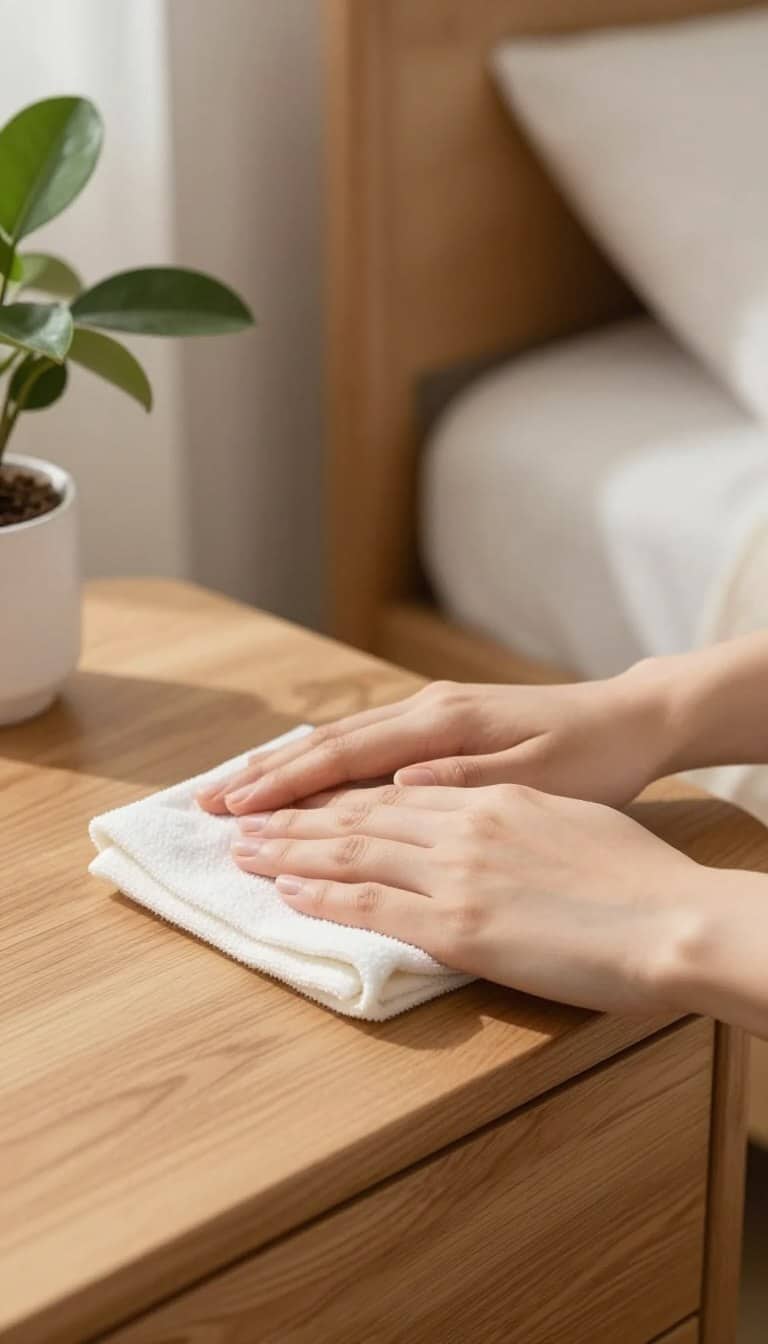 Person wiping clean a bedside table with gentle cleaning cloth in peaceful bedroom setting representing cleaning as self-care