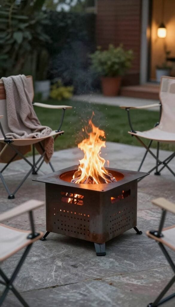 Portable metal fire pit with folding chairs and cozy throws