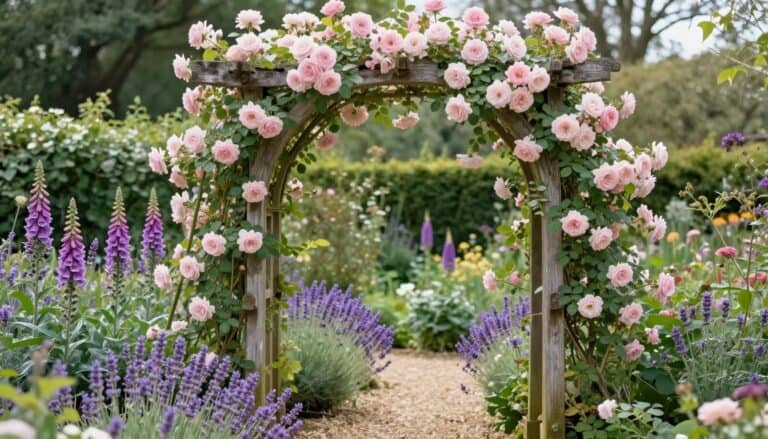 Romantic English cottage garden with climbing roses and lavender creating a soft storybook atmosphere