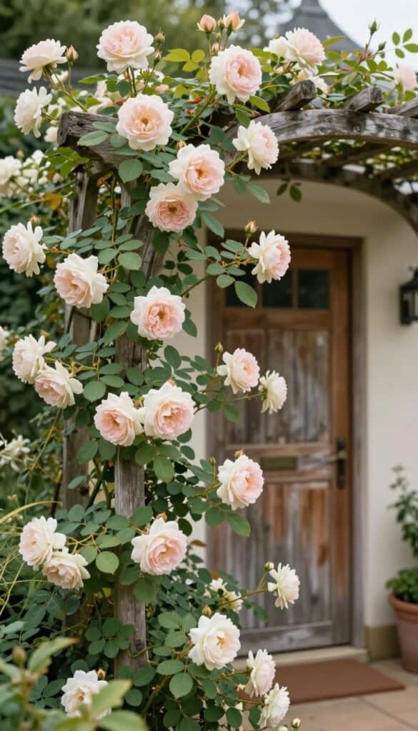 Soft blush climbing roses weaving over a cottage garden entrance creating romantic English cottage garden atmosphere