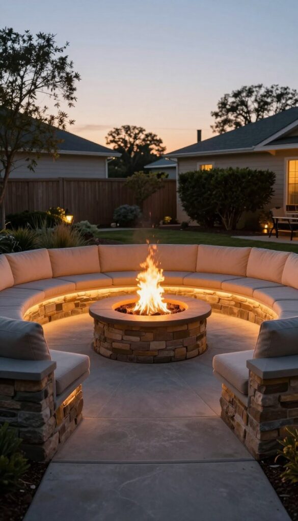 Sunken fire pit area with built-in seating and soft edge lighting