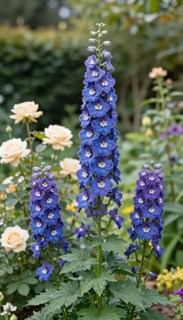Tall blue and purple delphinium flower spires creating classic English cottage garden vertical structure