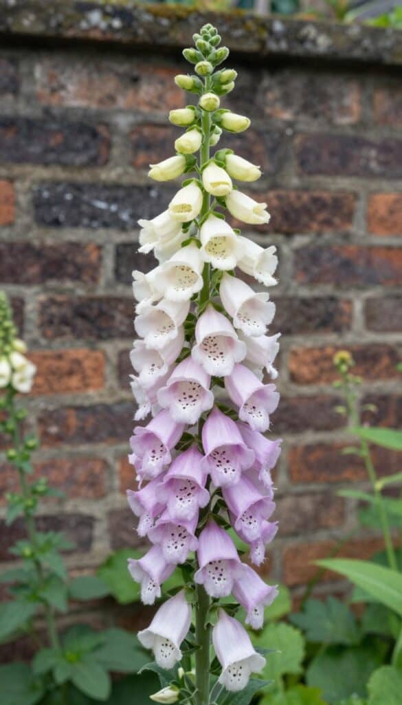 Tall foxglove spires in dusty pink and white creating height in English cottage garden border