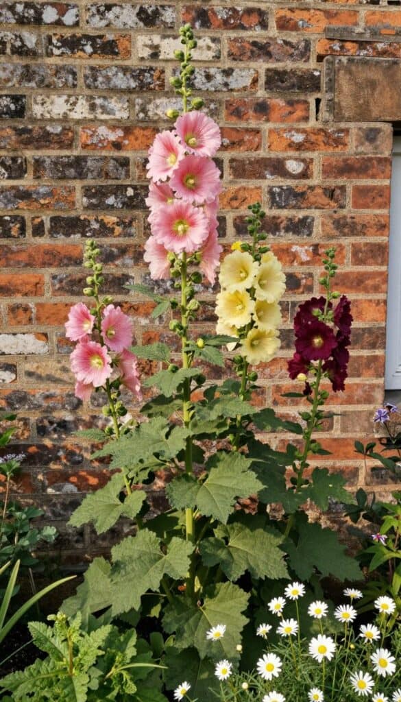 Traditional hollyhock flowers in soft pink and yellow rising against weathered cottage brick wall