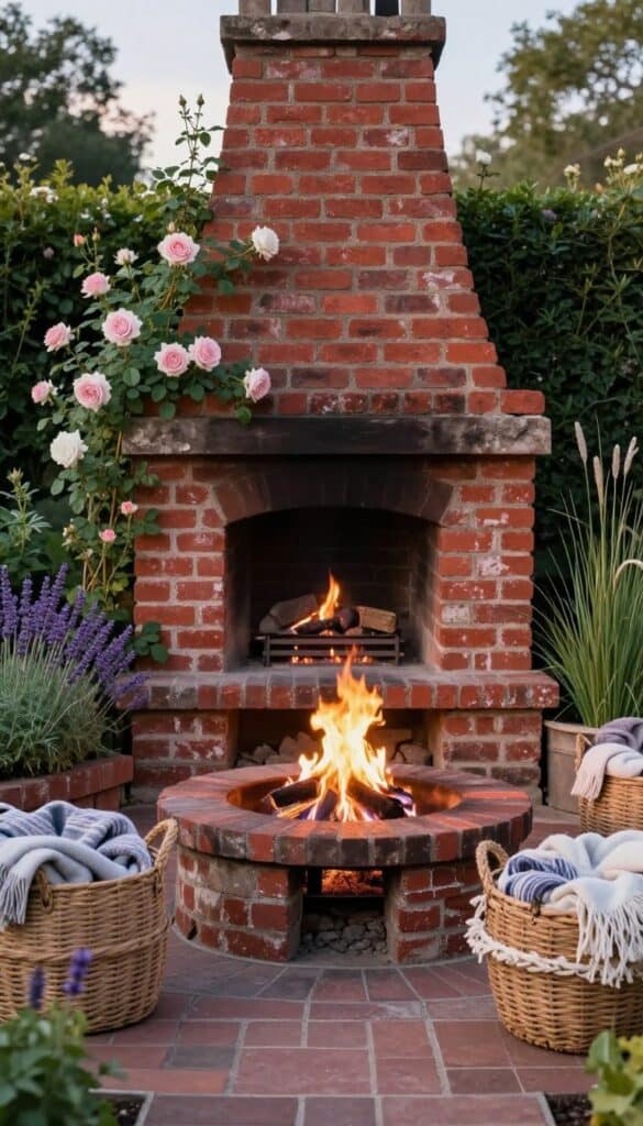 Traditional red brick fire pit surrounded by cottage garden plants and flowers
