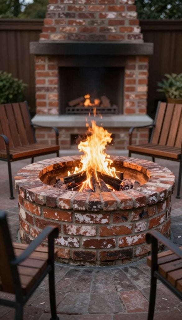 Weathered brick fire pit with vintage-style seating
