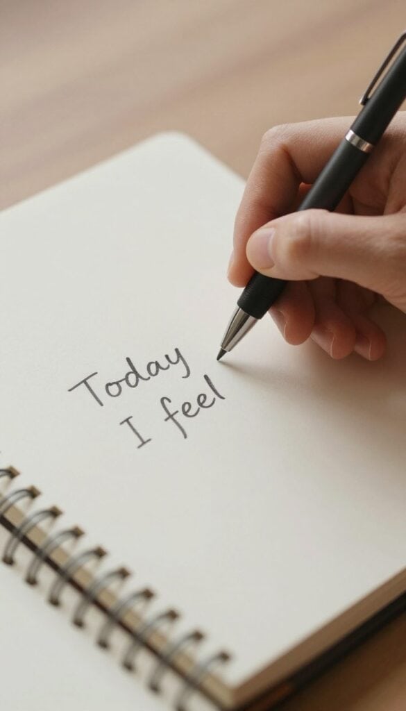 close up of hand writing today i feel in journal for mental health journaling