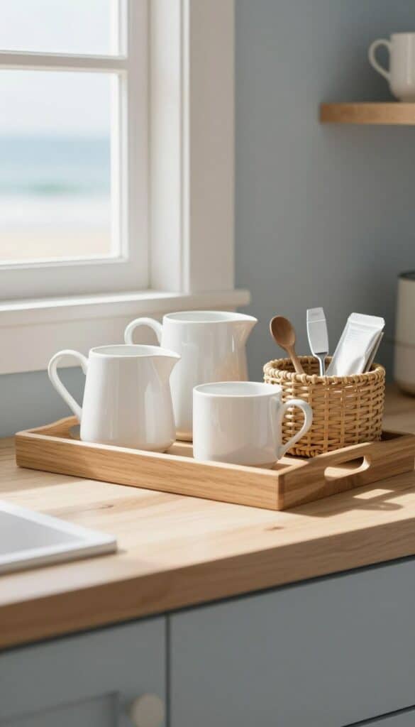 coastal themed coffee area with light wood and woven texture