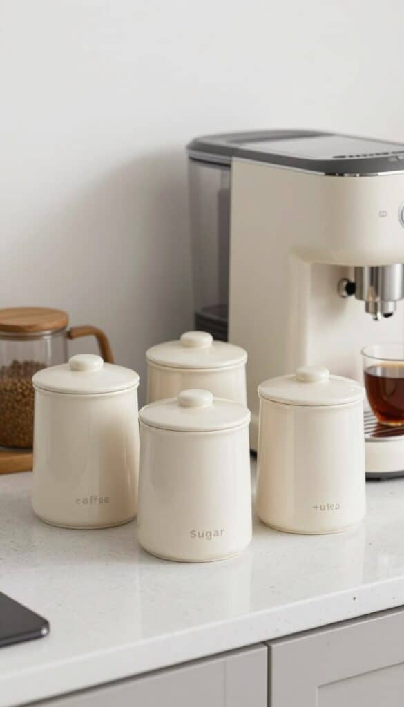 coffee area on counter with matching ceramic storage canisters