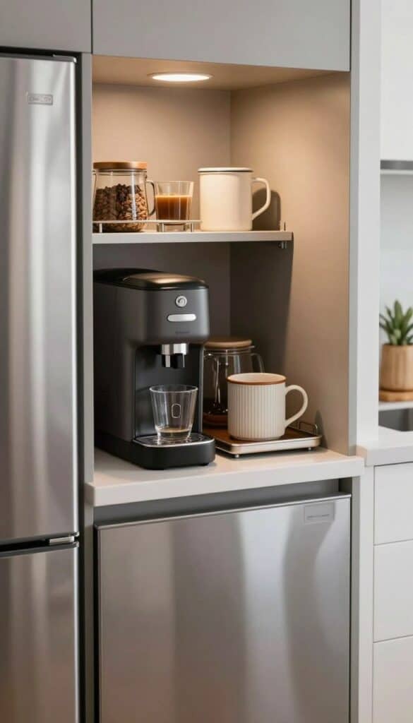 compact coffee station tucked beside refrigerator in galley kitchen